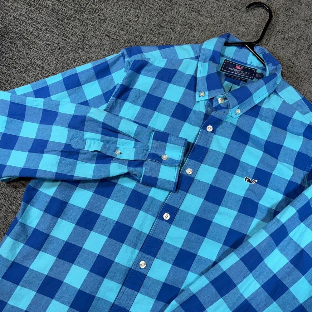 Vineyard Vines Button Down Shirt Large Slim Fit Whale Blue Buffalo Plaid Cotton